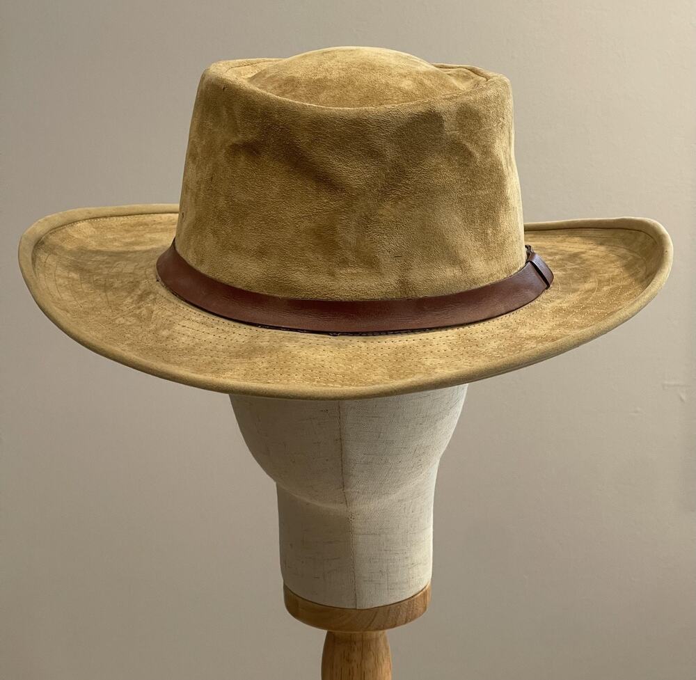 New York Hat & Cap Co. Hat Cap Cowboy Mens L Beige Leather Suede Lined Wide Brim